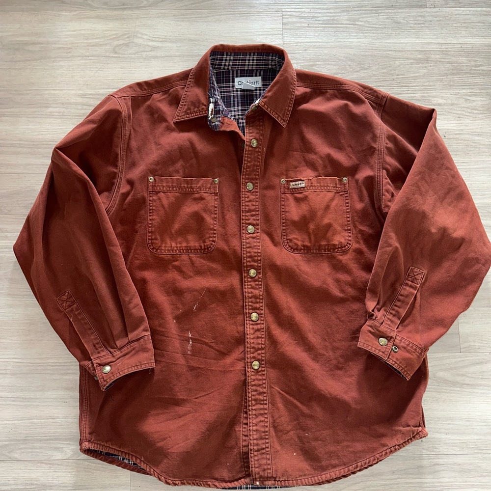 Vintage Carhartt Distressed Button up Flannel lined Jacket size L